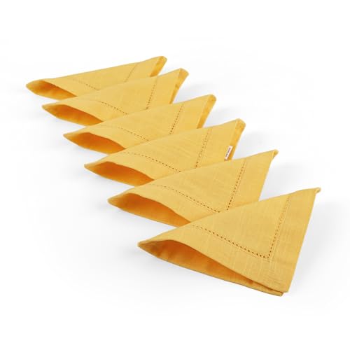 Image of Fingercraft Cotton Cocktail Napkins 6x6 Inches - Set of 12 Reusable Cloth Beverage Coasters with Elegant Ladder Hemstitch - Perfect for Parties, Bars & Home Use (Yellow Slub)