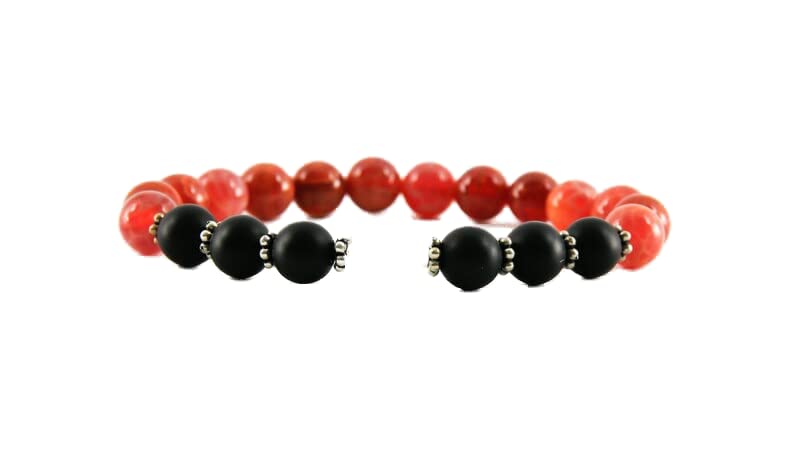 Bracelet pierres naturelles de 8mm en agate rouge et onyx noir poli