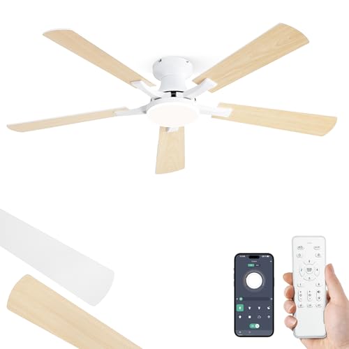 ZMISHIBO Ventilador de Techo con Luz 132 cm, Silencioso, App y Control Remoto, Diseño de Perfil Bajo, Luz LED Regulable 20W, Motor DC Reversible, para Dormitorio y Salón, Blanco/Madera