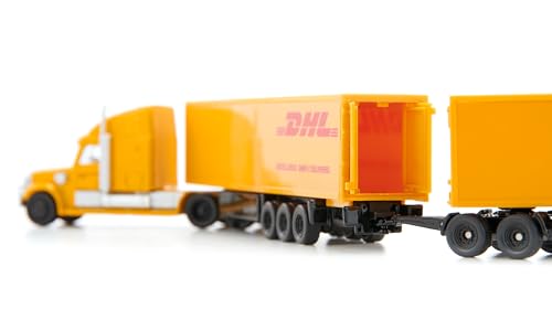 Siku 1806, Freightliner DHL Road Train, Zugmaschine mit Auflieger und Anhänger, 1:87, Metall/Kunststoff, Gelb, Abkoppelbarer Auflieger, Öffenbare Anhängertüren