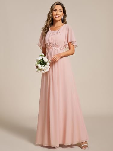 Image of Ever-Pretty Women's Classic Round Neck Pleated Short Sleeves Chiffon Appliques Floor Length A Line Formal Evening Dresses