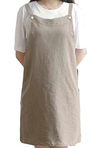 BBYBBS Adjustable Kitchen Apron Japan Style Cotton Linen with 2 Pockets Pinafore Apron For Women,Chef,Waitress,Hairstylist Fits for Grill,BBQ,Paint Cross Back H Shoulder Straps (Khaki)