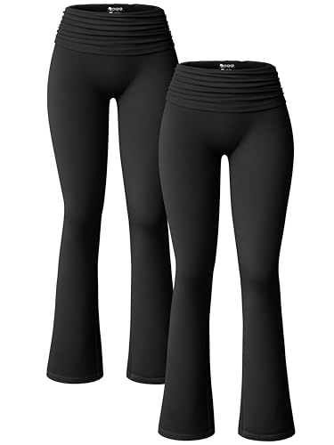 OQQ Women's 2 Piece Flared Pants Ribbed Fold Over Kick Ruched Stretch High Waist Casual Wide Leg