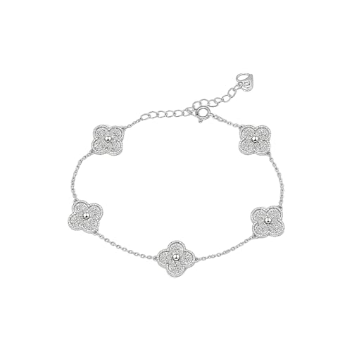 Aura & lrena Elegant Platinum Plated Four-Leaf Clover Bracelet – Adjustable Lucky Charm Bracelet with 3A Cubic Zirconia – Women’s Delicate Jewelry for Wedding, Anniversary & Gift