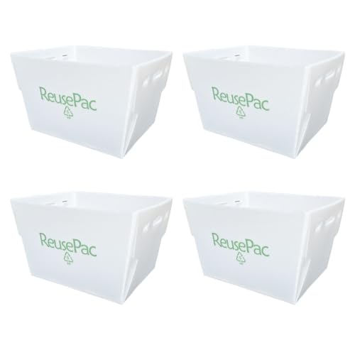 REUSEPAC Postal Mail Tote Nestable Box, Storage Bin Container, Laundry Basket for Home and Business, Corrugated Plastic, Lightweight, Heavy Duty, Foldable,10 Gal (off-White 4 Pack) by REUSEPAC - Used condition - US$37.95