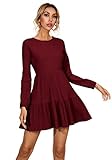 R.Vivimos Women's Fall Winter Cotton Long Sleeves Ruffle Casual Knit Sweater Swing Flare Mini Dress (Small, Burgundy)
