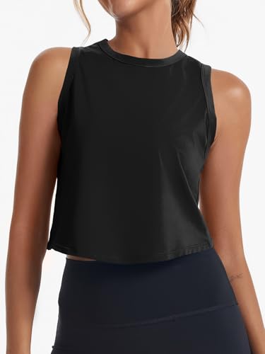 Fisoew Womens Workout Cropped Tank Tops Racerback Sleeveless Crewneck Running Yoga Active Shirts4