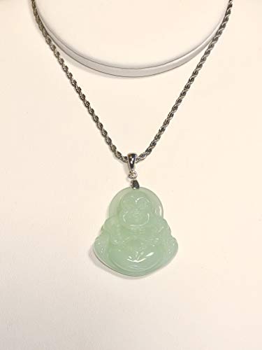 Laughing Buddha Lime Mint Green Jade Pendant Necklace Rope Chain Genuine Certified Grade A Jadeite Jade Hand Crafted, Jade Necklace, 14k White Gold Finish Silver Laughing Jade Buddha necklace3