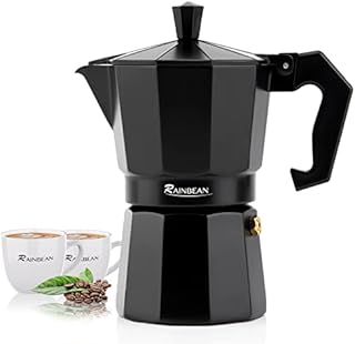 RAINBEAN Moka Pot 6 Cups/300ml, Stovetop Espresso Maker, Aluminium Steam Coffee Percolator Brewing Pot - Includes 2 Ceramic Cups - for Coffee Lovers Birthday Christmas Gifts
