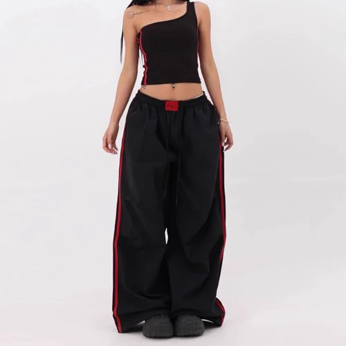 Women's Y2K Baggy Cargo Parachute Pants Elastic Waist Wide Leg Lightweight Quick-Dry Contrast Stripe American Retro2