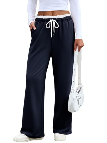 Anbech Women Straight Sweat Pants Wide-Leg Sweatpants Navy Blue Fashion Drawstring Trousers Pants (XX-Large, Navy Blue)