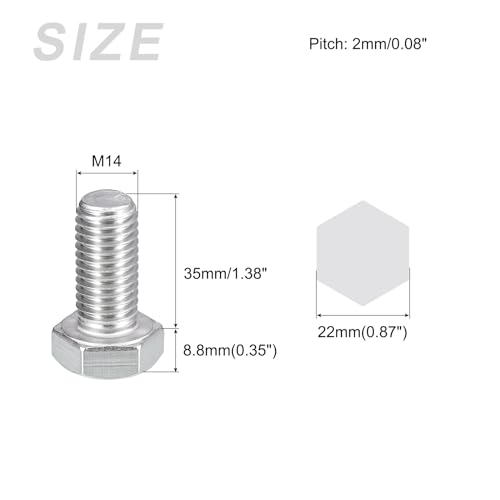 Image of METALLIXITY Hex Bolts (M14-2x30mm) 2Pcs, 304 Stainless Steel Coarse Fully Threaded Hex Head Screw Bolt Machine Screws - for Furniture Repair, Silver