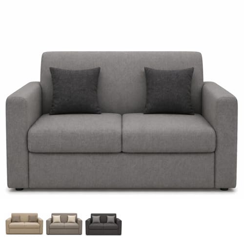 PALUPLUS Divano a 2 Posti in Tessuto, Misura 125x65x85 cm, Struttura Legno MDF, Piedini in Plastica, Divanetto per Casa, Ufficio, In Omaggio 2 Cuscini a Contrasto, Made in Italy -32M (Grigio Chiaro)