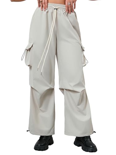 OYOANGLE Women's Drawstring Elastic High Waisted Wide Leg Cargo Pants Ruched Baggy Parachute Pants with Pocket