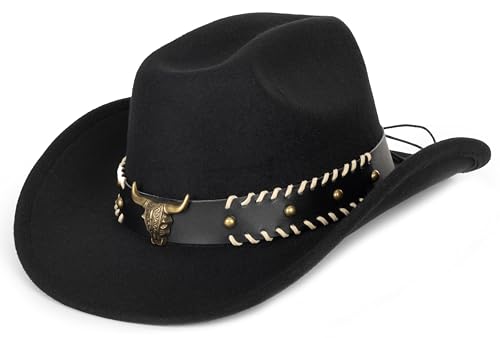 Image of Women-Classic-Western-Cowboy-Shapeable-Hat - Men-Roll-Up-Wide-Brim-Felt-Fedora-Hats-Cowgirl-Hat with Belt Buckle(M-L)