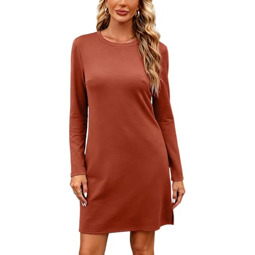 Gkaopi Vestido Mujer Manga Larga Cuello Redondo Midi Vestidos Casual Elegante Vestido Tipo Túnica Sólido hasta la Rodilla Vestido de Otoño Invierno