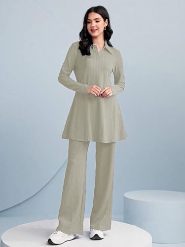 Tadkee Women's Polyester Solid Color Two-Piece Set | Long Sleeve Top & Wide Leg Pants Co-Ord Set | Casual Wear Co Ord Set (Fn-Full-Sleeve-Cord-125-Cream-L)