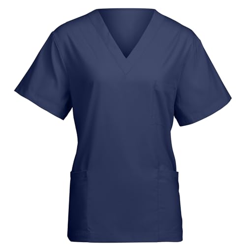 AUYAO Camisas para Trabajos Sanitarios, Uniformes Sanitarios Mujer Hombre, Pijama Sanitario Mujer, Ropa de Trabajo Mujer, Uniforme Estetica Mujer, Uniforme Empleada Hogar, Azul-L