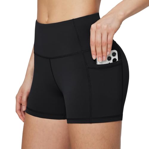 BALEAF Biker Shorts Women Yoga Gym Workout Spandex Running Volleyball Tummy Control Compression Shorts with Pockets 3" Black L