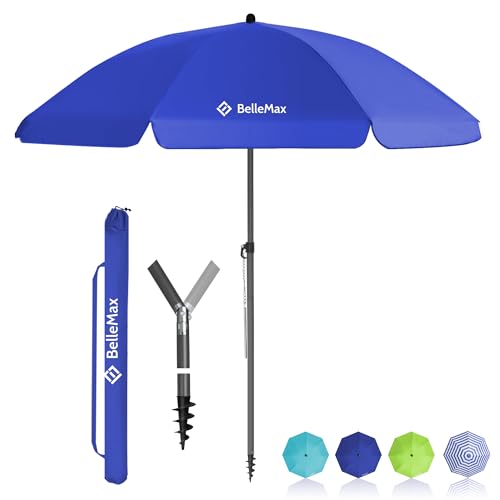 BelleMax Sonnenschirm Strand Windfest Stabil mit Bodenhülse & Schutzhülle 30° knickbar Sonnenschirm klein Rund Strandschirm Gartenschirm Marktschirm Sonnenschutz UV50+ Blau 160 cm