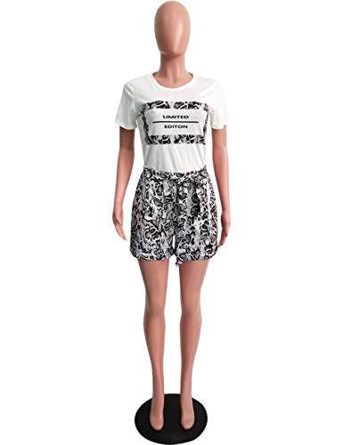 Women's Casual Summer 2 Piece Shorts Outfits Letter Print T-Shirts Tops And Snakeskin Shorts Tracksuits Set, Apricot M #TOP1