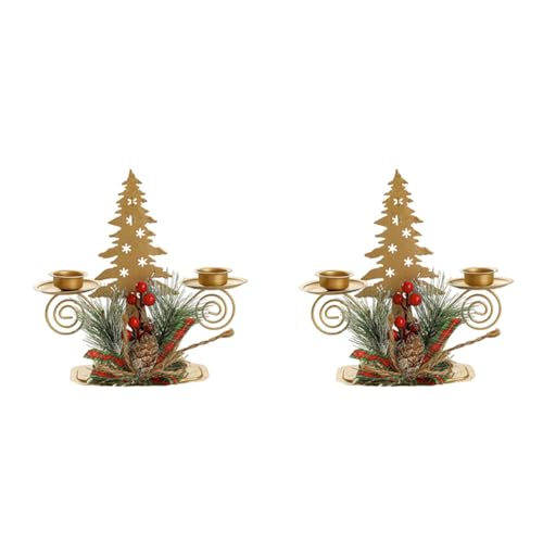 Kleagary 2 portavelas dorados para árbol de Navidad con bayas y piñas, para decoración de escritorio de vacaciones, decoración de metal