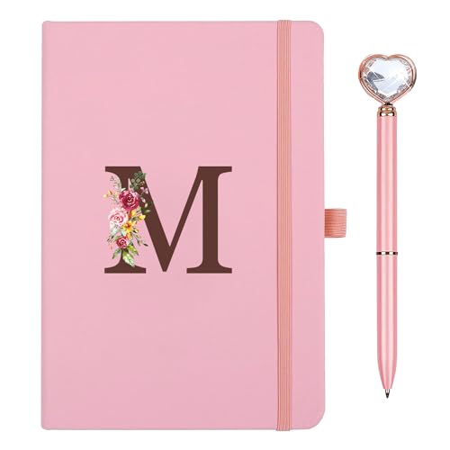 Personalisiertes A5 Notizbuch mit Initialen, PU Leder Journal mit Stift, Tagebuch für Erwachsene Schule Freundin Schwestern Mädchen Kinder Frauen Geburtstag Abschluss Geschenk Muttertagsgeschenk(M)