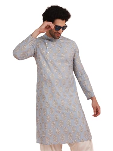 Mens Kurta – Printed Cotton Blend Tunic with Mandarin Collar, Regular Fit – Indian Wedding Outfit for Men – Festive Wear for Diwali, Eid & Celebrations Blue