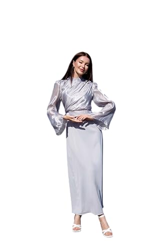 Satin Midi Dress for Women Long Sleeve High Neck Empire Waist Formal Gown Hijab Friendly Elegant Wear Flared Cuffs