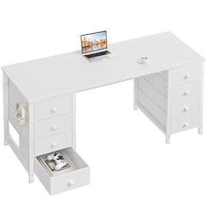 White Computer Desk with Drawers on Both Sides for Home Office, 55 inch Girls Teens Desks with Storage Writing Study Table for Bedroom, Makeup Vanity Desks Without Mirror,8 Fabric Drawer