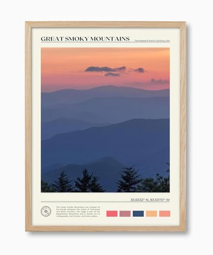 HesenDot Natural OAK Wood Great Smoky Mountains Framed Wall Art,12x16in Mountain Sunrise Landscape Canvas Wall Print,Classic Scenic Nature Wall Decor for Living Room Bedroom Office Gallery, Set of 1