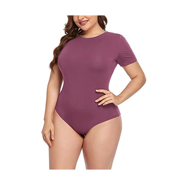 POSESHE-Womens-Plus-Size-Crew-Neck-Round-Neck-Short-Sleeves-Slim-Fit-Casual-Basic-Extender-Bodysuit-Daily-Jumpsuit-T-Shirts POSESHE Women's Plus Size Summer Round Neck Short Sleeve T Shirts Basic Bodysuits Mauve XX-Large