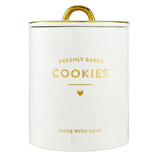 Santa Barbara Design Studio Ceramic Cookie Jar, White and Gold Foil Airtight 8" Tall, Freshly Baked Cookies