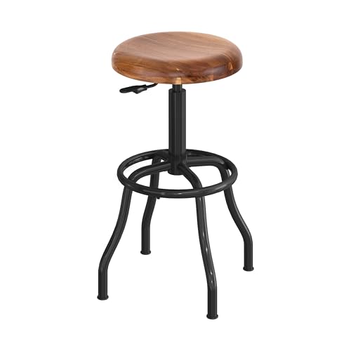 Image of Seville Classics Modern Ergonomic Pneumatic Height Adjustable 360-Degree Swivel Stool Chair, for Drafting, Office, Home, Garage, Work Desk, Acacia Wood, Flat Seat