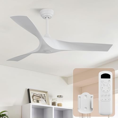 CACI Mall Ceiling Fan No Light, 52 inch Low Profile Flush Mount Modern Ceiling Fan with Remote Control and Reversible DC Motor, for Bedroom Living Room Patio Indoor Outdoor, White