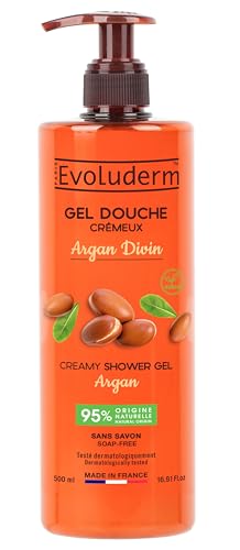 EVOLUDERM - Gel Douche Crémeux Argan Divin - 500 ml - 95% d'Origine Naturelle - Végan - Fabrication Française