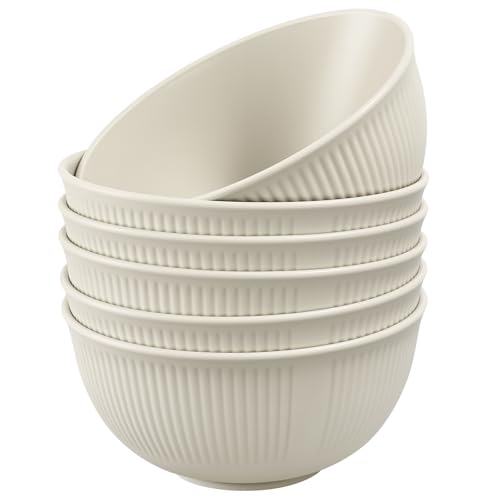 Chuboir Plastic Cereal Bowls Set of 6 Unbreakable Breakfast Mixing Serving Bowls, 24 oz Lightweight Fruit Salad Snack Soup Pasta Bowls for Kitchen Picnic Camping, Microwave & Dishwasher Safe -Cream
