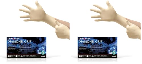 Image of Ansell Microflex Diamond Grip MF-300 Disposable Latex Gloves for Automotive, Machinery Industries - Large, Natural Clear Large (Pack of 200)