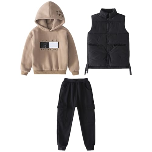 amropi Boy's Hoodie Tracksuit Set Pullover Sweatshirt Vest Top Jogging Pants 3 Pieces Sweatsuit Khaki Black, 5-6 Years
