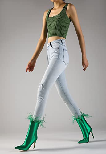Vivianly Pointed Toe Sock Booties Feather Stiletto Heel Mid-Calf Boot Satin Ankle Booties For Women Green Size 9 #TOP2