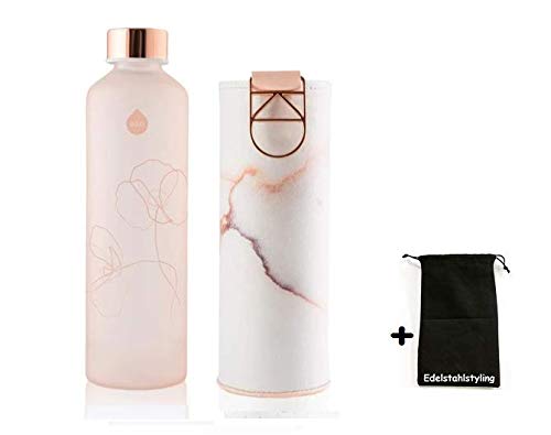 Equa Mismatch Bloom Glasflasche Trinkflasche Borosilikat Glas + Edelstahlstyling Stoffbeutel (750 ml, Kunstlederhülle Lava Metallgriff)