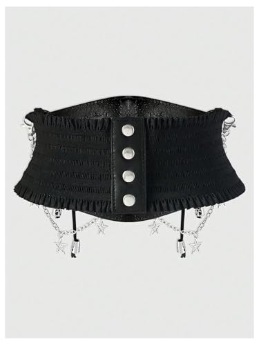 WDIRARA Women's Faux Leather Corset Belt Chain Goth Punk Cross Lace Up Side Elastic Waist Corset2