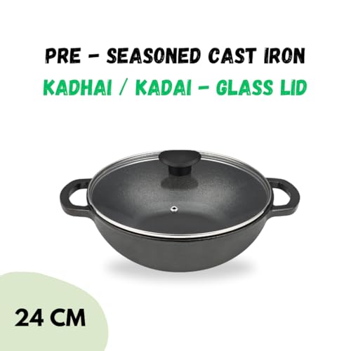 Image of Pencil Pre-Seasoned Cast Iron Kadhai /Kadai with Glass Lid 24 cm | Cast Iron Handles | Compatible with Gas Stoves & Induction | Naturally Nonstick | 100% Pure & Toxin-Free | No Chemical Coating | Black