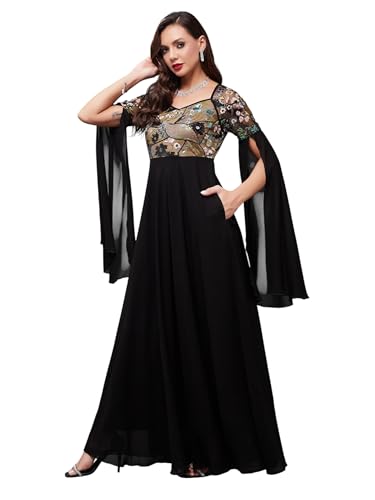 Image of Miss Chase Women's Round Neck Sleeve Embellished Fit Flare Maxi Dress
