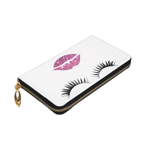 (Eyelash Lip White Print) Faux Leather Wallet Long Clutch Zipper Purse Card Holder Travel Coins Cash Organizer Phone Pocket 7.48 x 4.13 x 0.9 inches3