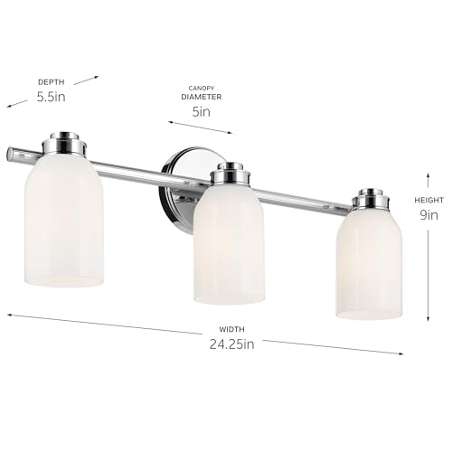 Image of Kichler Shae 3-Light Bathroom Vanity Light, Chrome | White opal glass vanity light for modern bathroom mirrors (24.25 inch x 9 inch), 55202CH