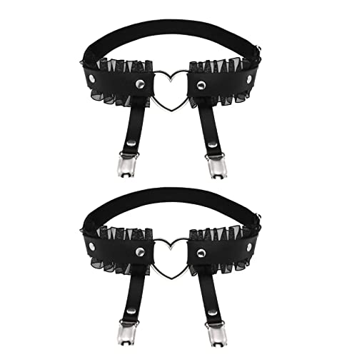 alisikee 2 Stück verstellbares Herz Spitze Bein Strumpfband mit 2 Anti-Rutsch-Clips, elastische modische Oberschenkel-Strumpfbänder für Frauen, schwarz, Schwarz, Einheitsgröße Cover