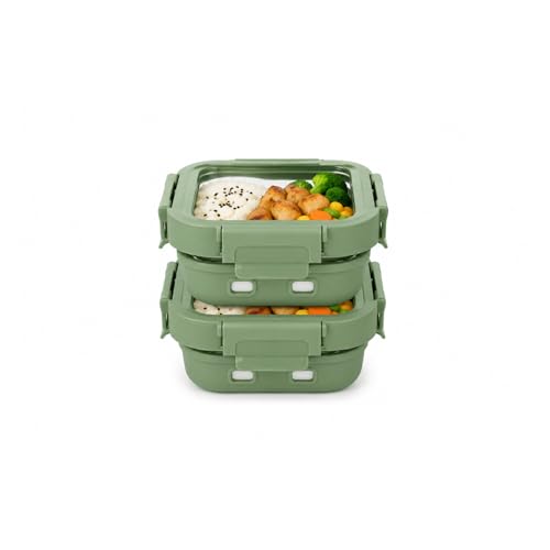 Image of Griplok Glass Lunch Box with Leakproof Lid, Borosilicate Food Storage Container with Silicone Sleeve, Airtight, Microwave /Dishwasher Safe (Forest Green, 2x370ml)