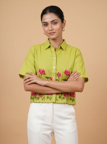 Image of Stylish Women's Embroidered Shirts | Geometric Pattern Half Sleeve Collared Button-Up Casual Shirt for Women