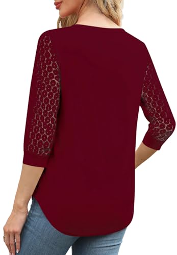 Cicy Bell Women's Blouses V-Neck 3/4 Lace Sleeve Tops for Business & Casual Wear Wine Red, Large